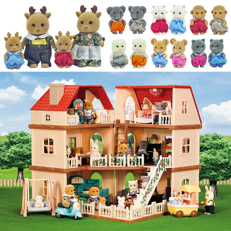 Simulation Kitchen Forest Family Small House Double Three- Story Villa Reindeer  Animal Model Girl Dollhouse Furniture Toy Gifts