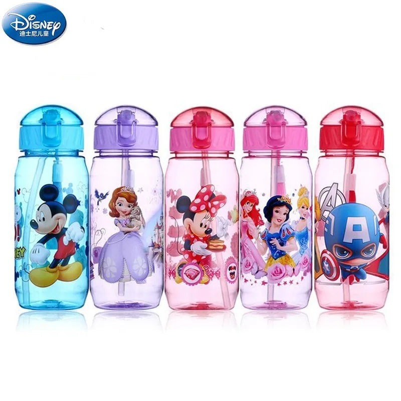 Disney Cartoon Mickey Minnie Captain America Sophia Children's Plastic Water Cup Straw Cup Portable Direct Drinking Water Bottle