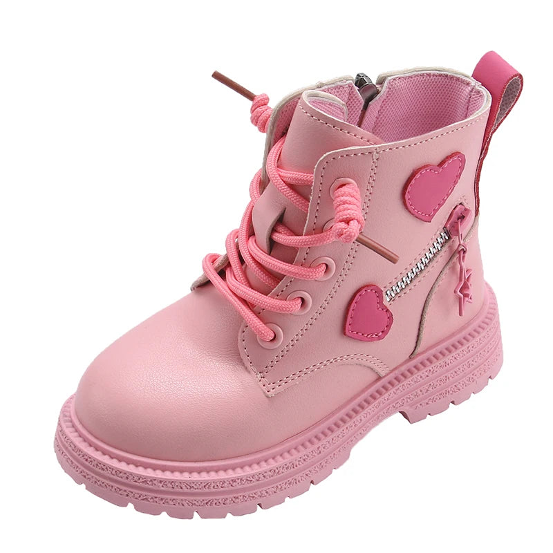 Girls Boots Kids Fashion Rubber Boots Cool Girl Autumn and Winter Cotton Soft Sole Pink with Love Side Zip Princess Round-toe PU