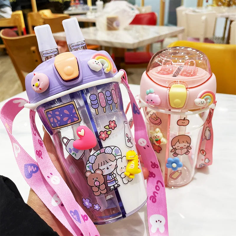 420ml Cute Children Water Bottle Drinking Water Bottle with Straw Portable Bottle Student Couple Plastic Cup Gift School Kids