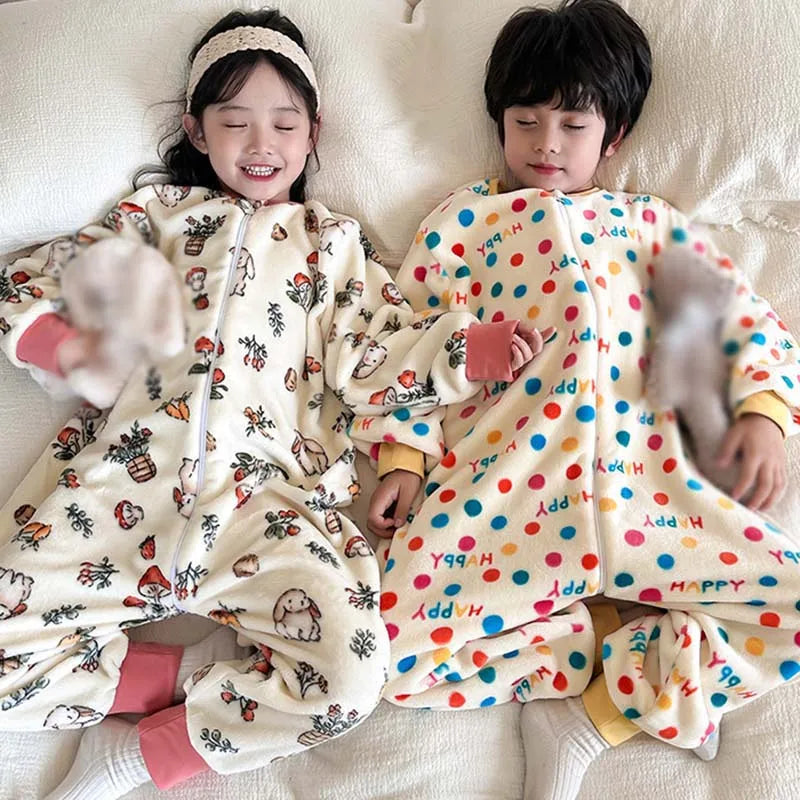 Winter Kids Baby Onesie Pajamas Flannel Thickened Split Leg Cartoon Printed Sleeping Bag Child Plush Warm Jumpsuit Sleapwear