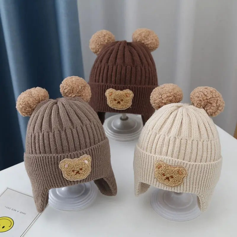 Winter Baby Beanie Cap Cartoon Bear Ear Protection Knitted Hat for Toddler Boys Girls Cute Korean Warm Kids Crochet Hats Gorros