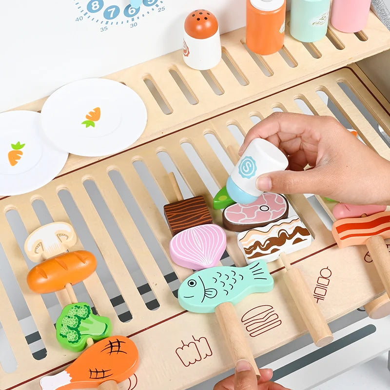 Children's barbecue table wooden kitchen toys play house simulation BBQ grill children's educational toys