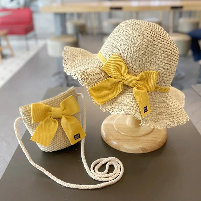 Summer Girls Beach Sun Hats Lotus Leaf Brim Cute Squinting Eyes Bowknot Outdoor Sun Protection Children Straw Cap Kids