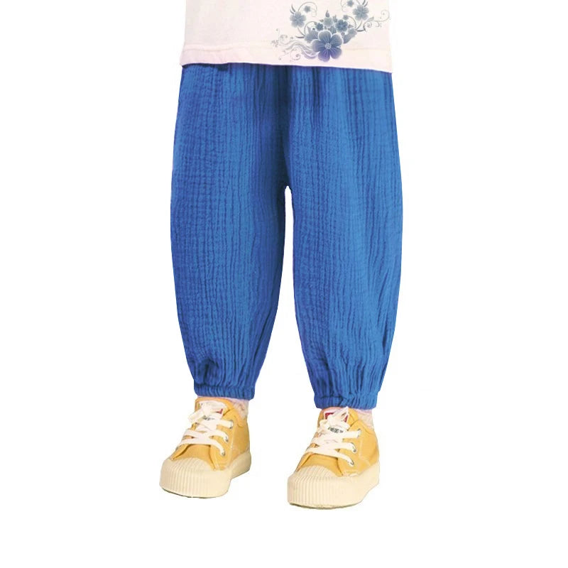 Summer Korea Children Pants Casual Girls Boys Cotton Linen Solid Color Loose Pleated Pant Trousers Girls Hight Waist Harem Pants