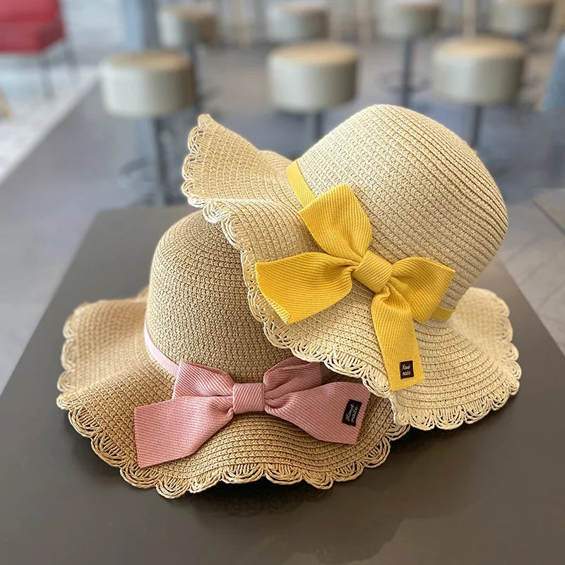 Summer Girls Beach Sun Hats Lotus Leaf Brim Cute Squinting Eyes Bowknot Outdoor Sun Protection Children Straw Cap Kids