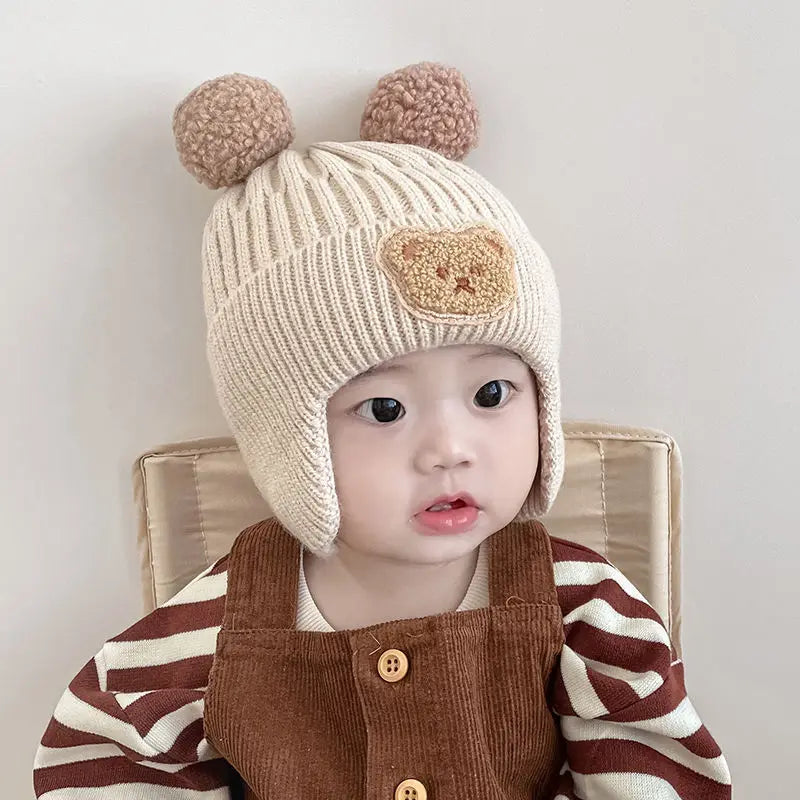 Winter Baby Beanie Cap Cartoon Bear Ear Protection Knitted Hat for Toddler Boys Girls Cute Korean Warm Kids Crochet Hats Gorros