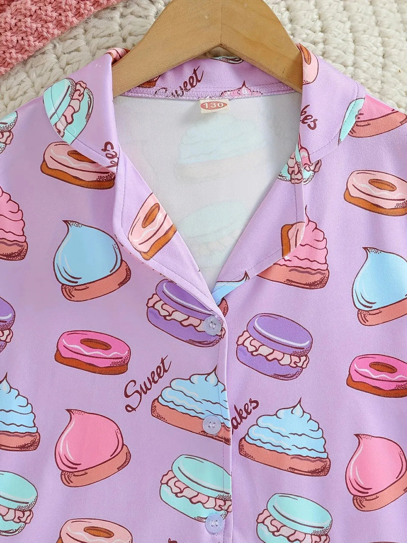 2pcs Girls Snack Cake Button Short Sleeve Shirt Tops & Elastic Waist Shorts Set Kids Summer Clothes