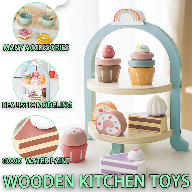 Wooden Pretend Play Kitchen Toys Coffee Machine Tea Set Toy Cake Ice Cream Play Set Learning Toys for Girls Boys Children Gifts