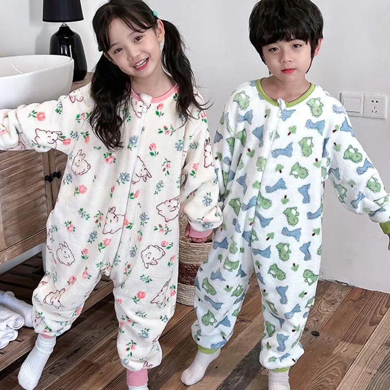 Winter Kids Baby Onesie Pajamas Flannel Thickened Split Leg Cartoon Printed Sleeping Bag Child Plush Warm Jumpsuit Sleapwear