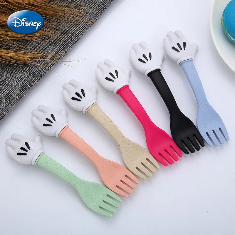 Disney Mickey Mouse Wheat Straw Fork Spoon Tableware Kids Cartoon Cute Lunch Dinnerware Set Fruit Fork Dessert Coffee Spoon Kit