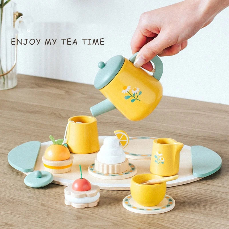 Wooden Tea Set Play Food Pretend Play Kitchen Accessories for  Girls and Boys Toddler Princess Tea Time Party Food Toys