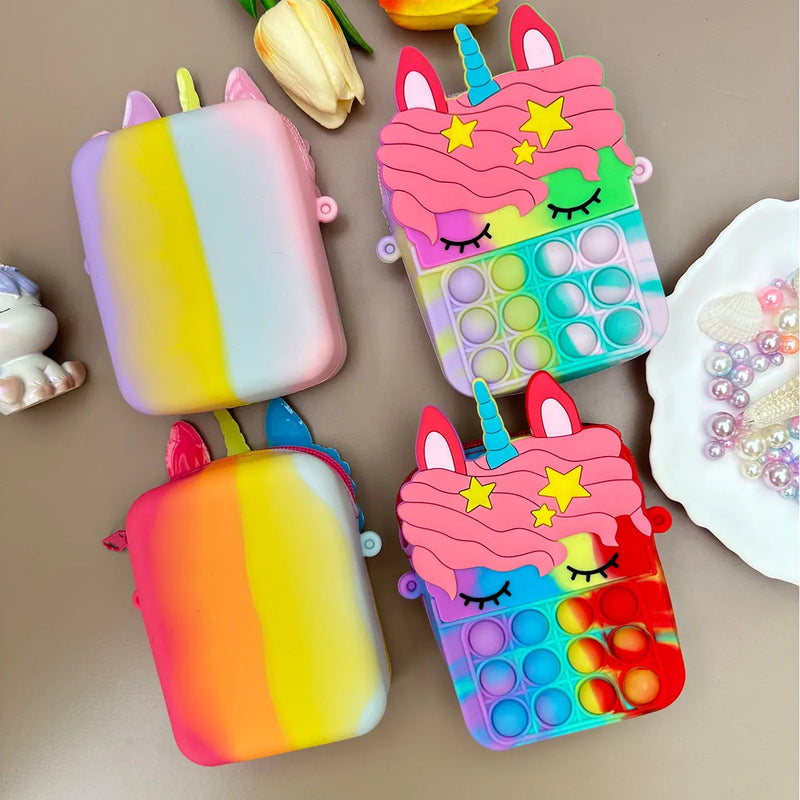 Girls Silicone Cute Unicorn Messenger Bag Coin Purse Children's Decompression Pop Fidget Toys