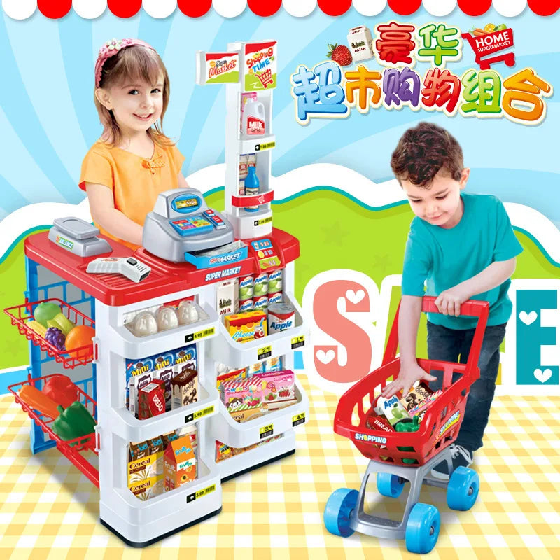 Children's simulation supermarket shopping counter shopping cart suit play house supermarket scanning cashier toys