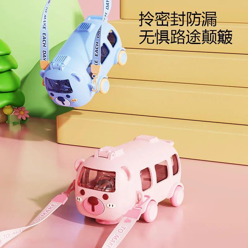 2 in 1 Water Bottle and Bus Toy Kids Water Cup Bottle Gift with Straw Strap School Girl Boy Cute Water Drink Bottle 500ml