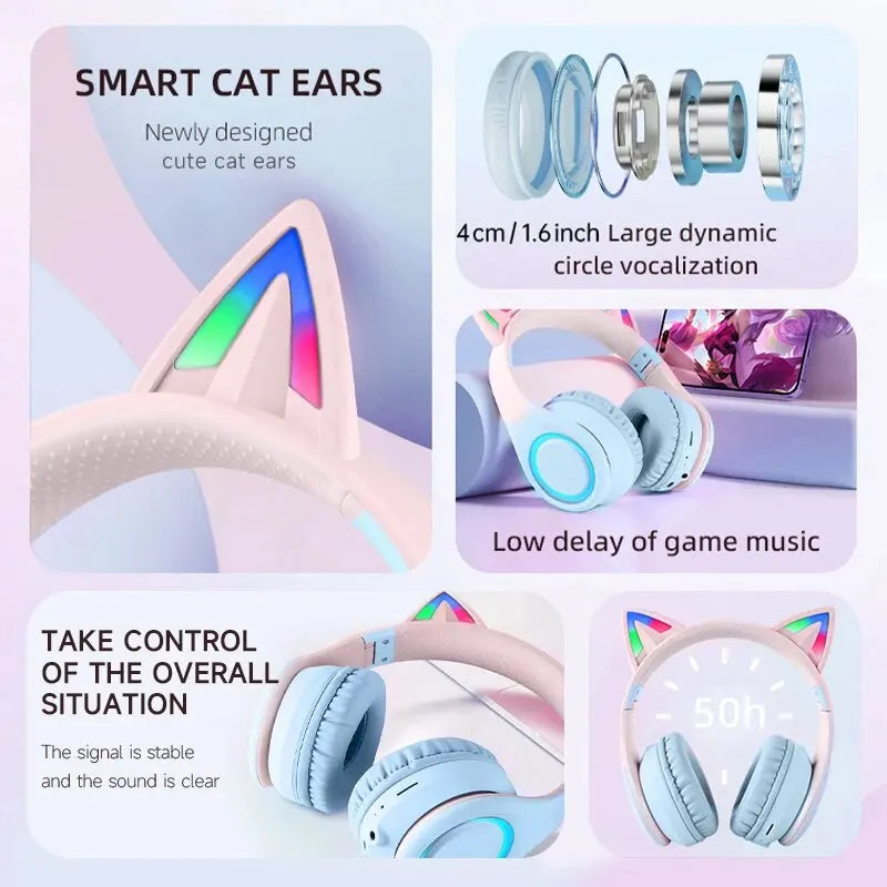 New Gradient Color Cat Ear Head-Mounted Bluetooth 5.3 HIFI Sound Quality ANC Noise Reduction Folding Entertainment Headphones