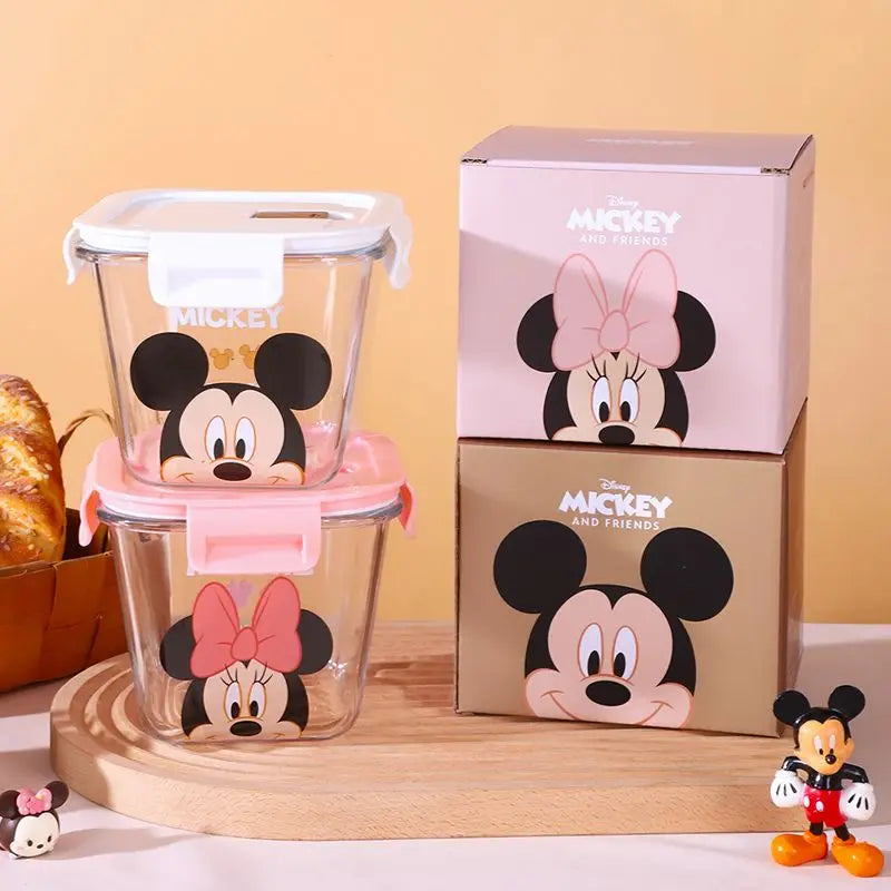 Disney Cartoon Kawaii Mickey Glass Preserver Lunch Box with Cover Microwave Heated Sealing Box Food Grade Cute Fruit Lunch Box