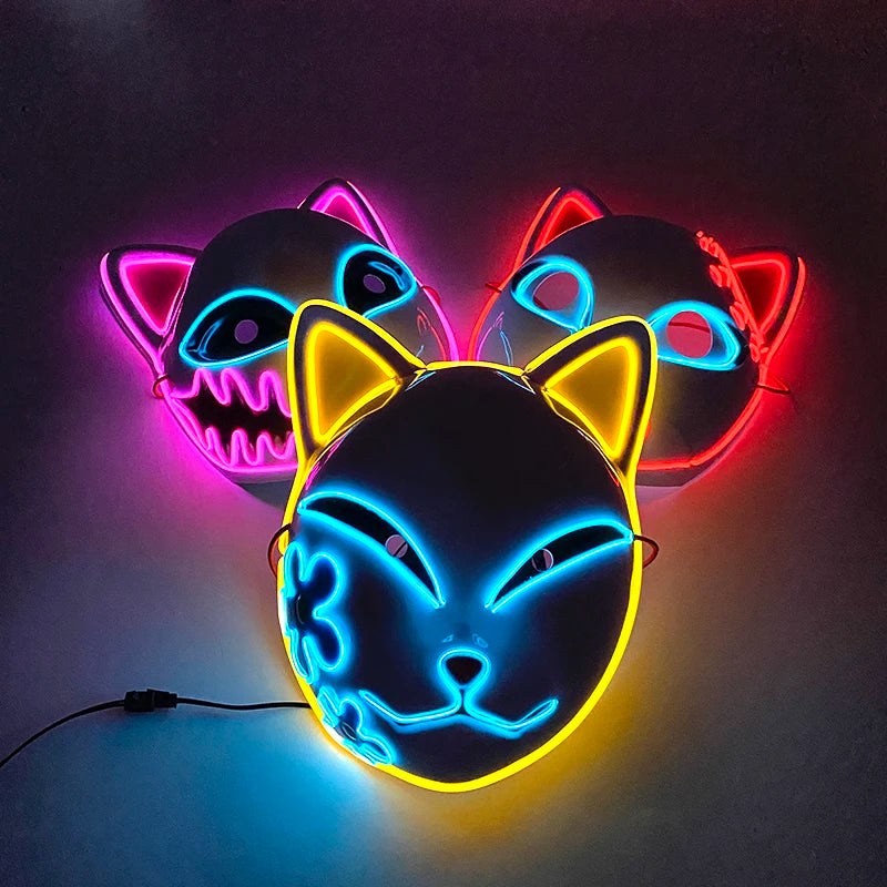 Hot sales Japanese Anime Fox Luminous Face Mask LED Glowing Cosplay Mask Neon Light Up Nezuko Mask cos costume props