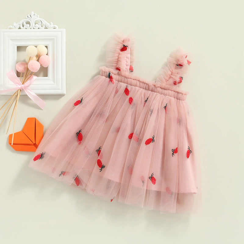 Summer Toddler Kids Clothes Girls Princess Dress Daisy/Fruit Embroidery Sleeveless Sling Dress Casual Mesh Tulle Fluffy Dress