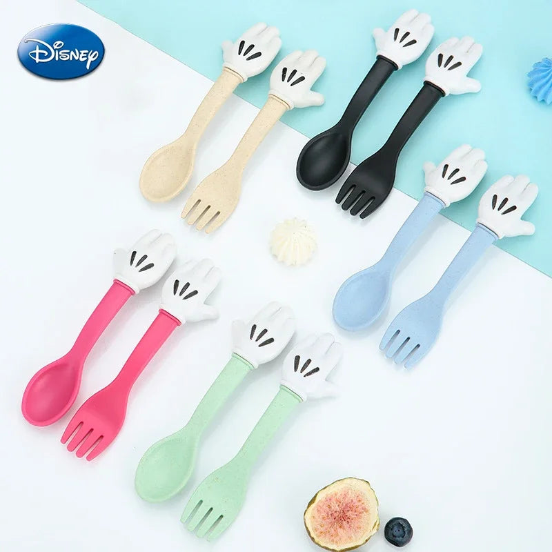 Disney Mickey Mouse Wheat Straw Fork Spoon Tableware Kids Cartoon Cute Lunch Dinnerware Set Fruit Fork Dessert Coffee Spoon Kit