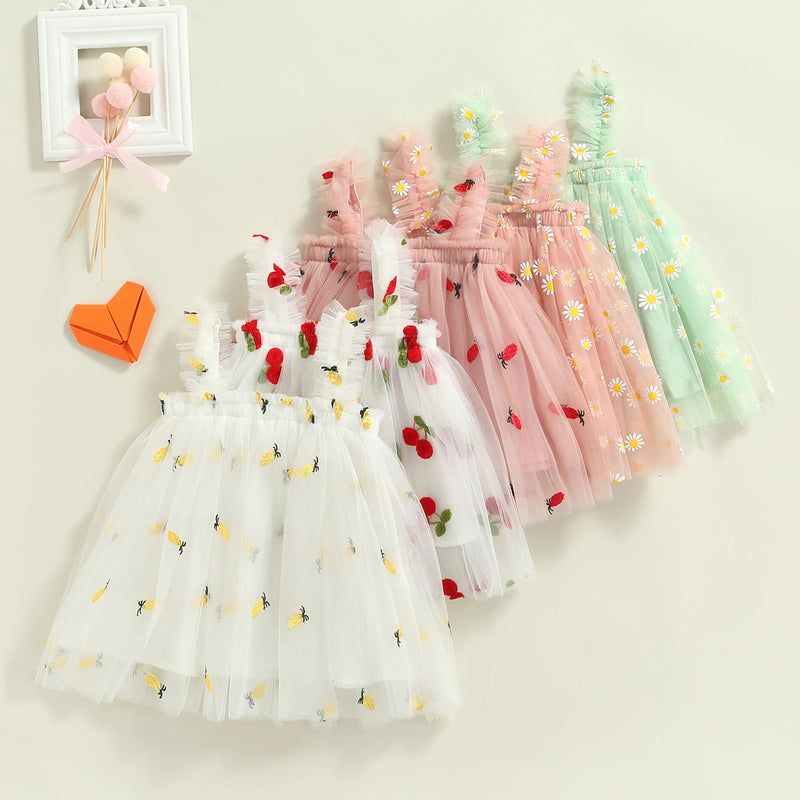 Summer Toddler Kids Clothes Girls Princess Dress Daisy/Fruit Embroidery Sleeveless Sling Dress Casual Mesh Tulle Fluffy Dress