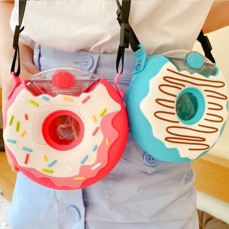 380ml Cute Donut Water Bottle with Straw BPA Leak Proof Sports Cup Toddler Beverage Bottle with Strap