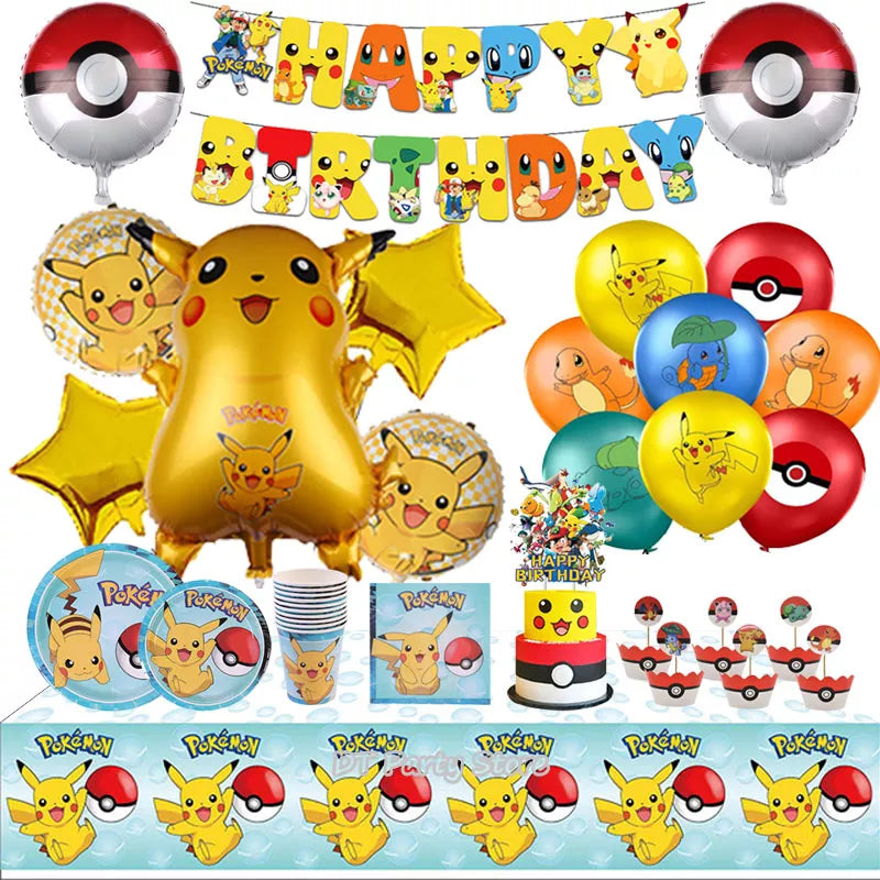 Pokemon Birthday Party Decorations Pikachu Foil Balloons Disposable Tableware Plate Napkin Backdrop For Kids Boy Party Supplies