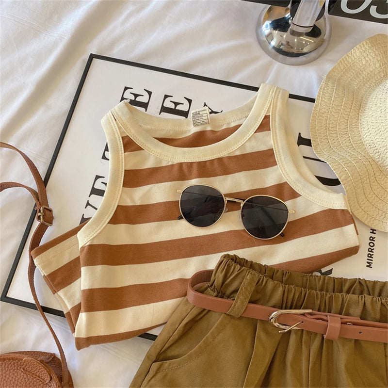Bear Leader Girls Fashionable and Casual Set 2023 Summer Thin Children's Stripe Suspender Tank Top Shorts Two Piece Set Clothes