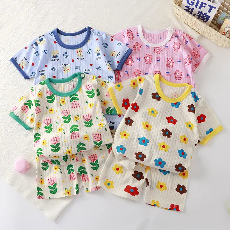 Summer Baby Girl Boy Short Sleeve Clothing Set Cotton Flower Tshirts and Shorts 2 Pieces Outfits Children's Pajamas Homewear