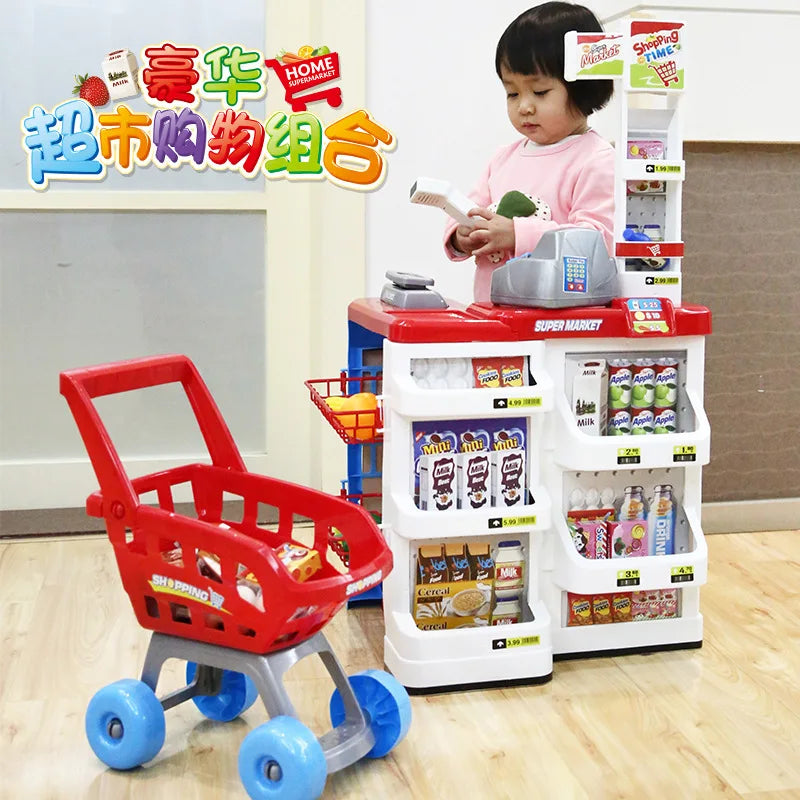 Children's simulation supermarket shopping counter shopping cart suit play house supermarket scanning cashier toys