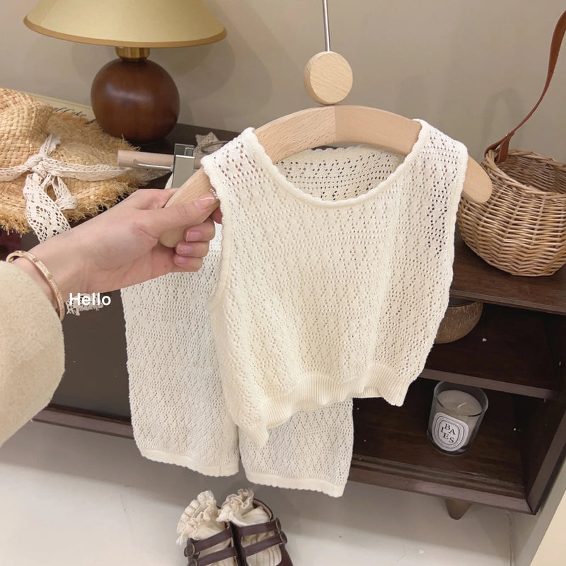 Girl's Clothing Sets 2023 Summer Korean Thin Knitted Girl Set Children Hollow Breathable Vest + Wide Leg Pants Two-piece Suit