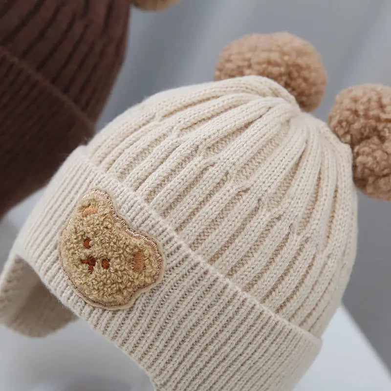 Winter Baby Beanie Cap Cartoon Bear Ear Protection Knitted Hat for Toddler Boys Girls Cute Korean Warm Kids Crochet Hats Gorros