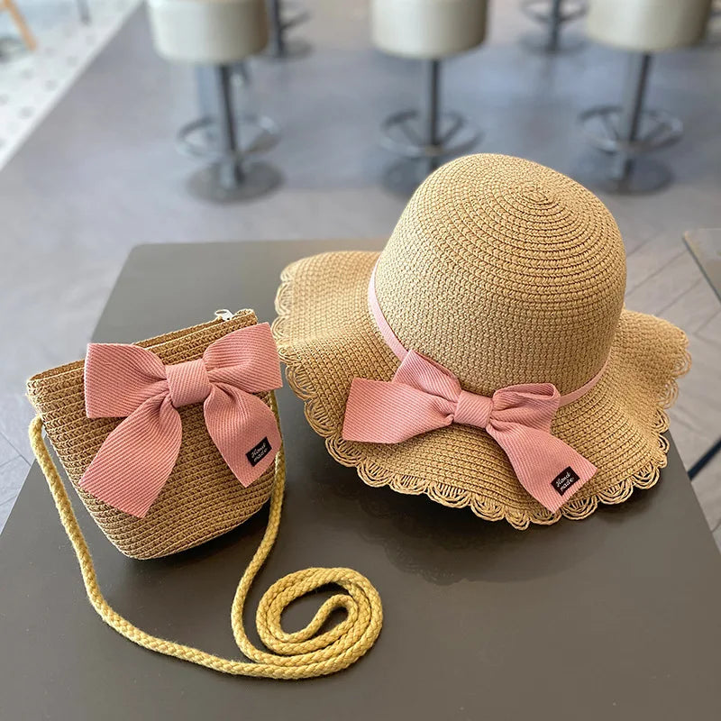 Summer Girls Beach Sun Hats Lotus Leaf Brim Cute Squinting Eyes Bowknot Outdoor Sun Protection Children Straw Cap Kids