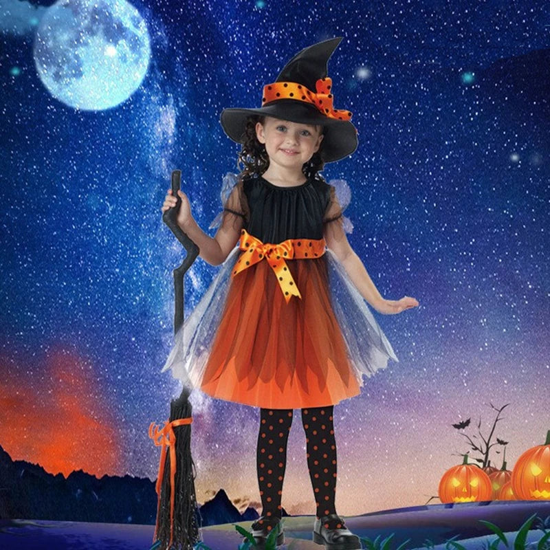 Girls Halloween Cosplay Kids Costume Children Gown Infant Witch Dress Clothing Set Hat Pumpkin Bag Pantyhose