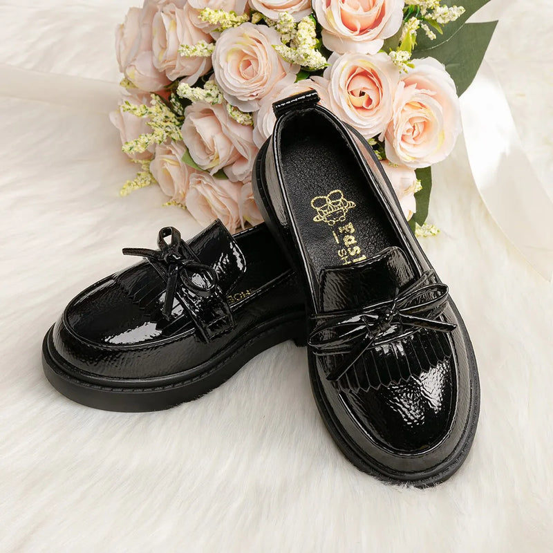 Meckior Girls Kids Leather Shoes Party Campus Bowtie Tassels Flats Soft Comfortable Casual Fashions Children Princess Shoes