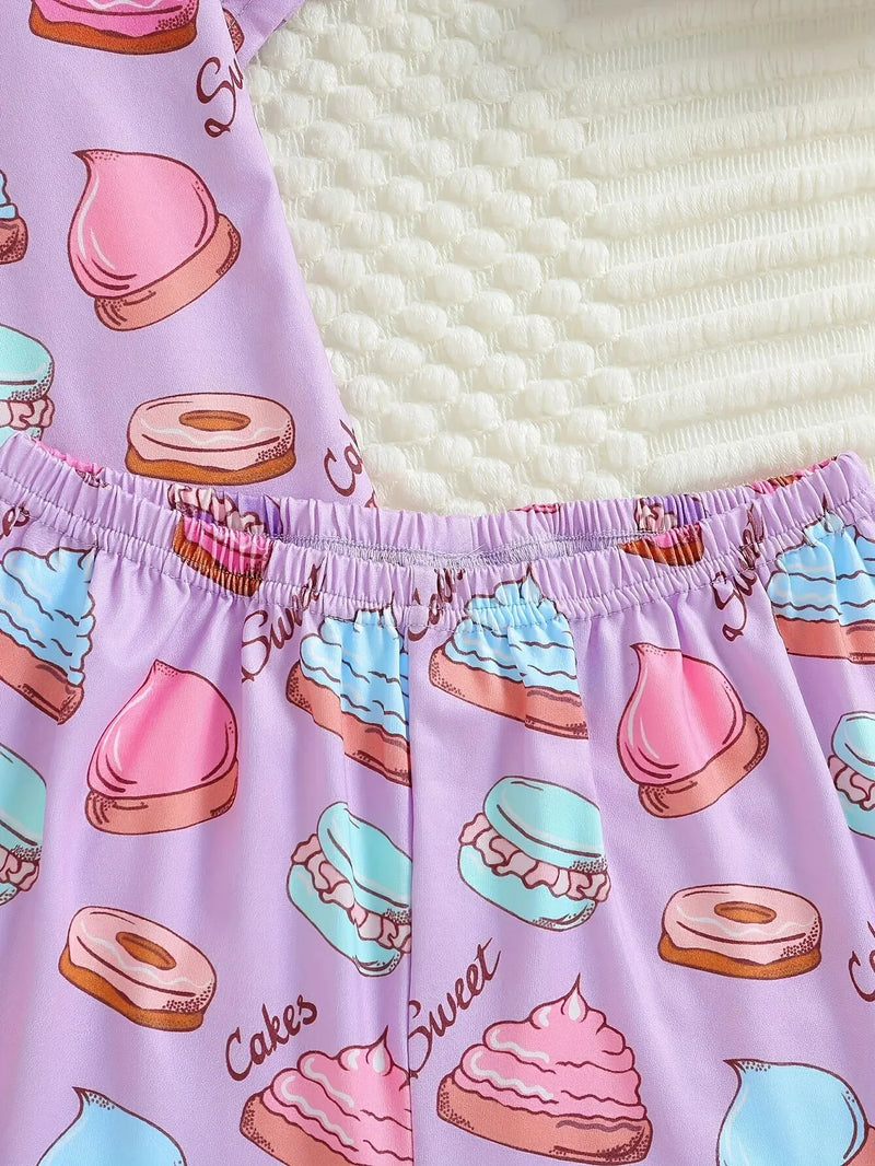 2pcs Girls Snack Cake Button Short Sleeve Shirt Tops & Elastic Waist Shorts Set Kids Summer Clothes