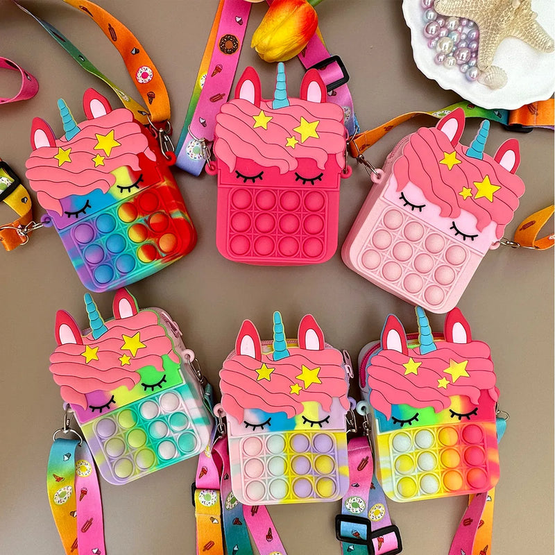 Girls Silicone Cute Unicorn Messenger Bag Coin Purse Children's Decompression Pop Fidget Toys