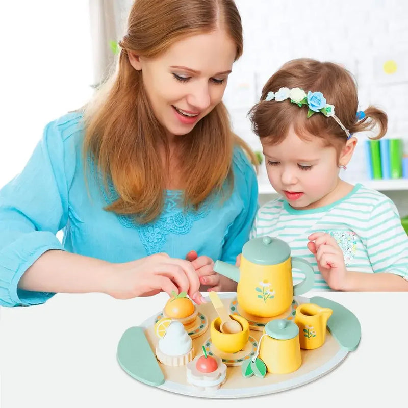 Wooden Tea Set Play Food Pretend Play Kitchen Accessories for  Girls and Boys Toddler Princess Tea Time Party Food Toys
