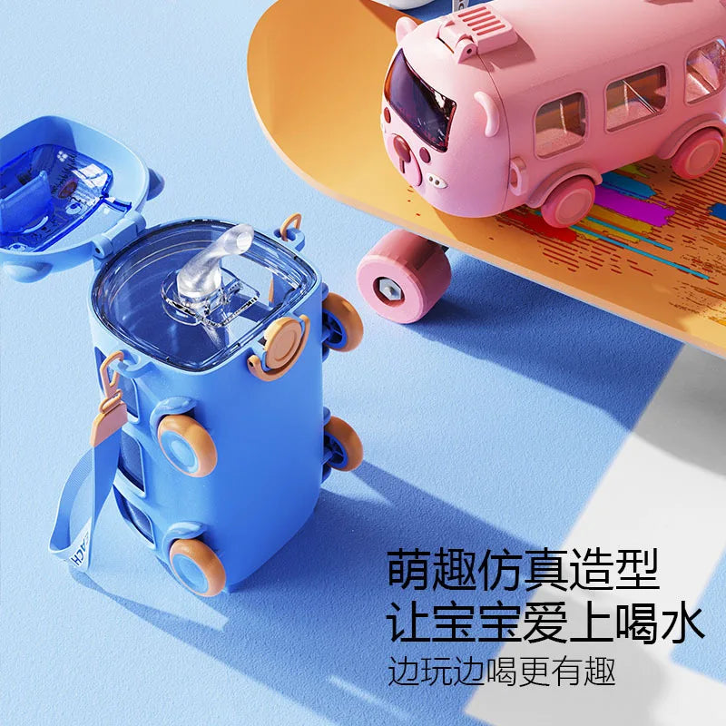 2 in 1 Water Bottle and Bus Toy Kids Water Cup Bottle Gift with Straw Strap School Girl Boy Cute Water Drink Bottle 500ml