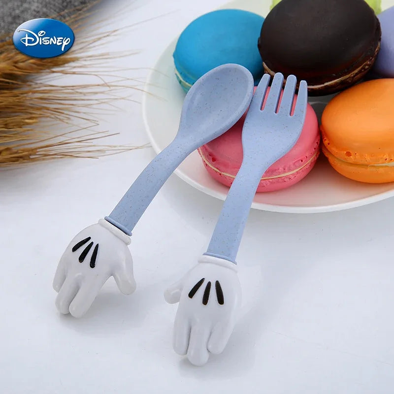 Disney Mickey Mouse Wheat Straw Fork Spoon Tableware Kids Cartoon Cute Lunch Dinnerware Set Fruit Fork Dessert Coffee Spoon Kit