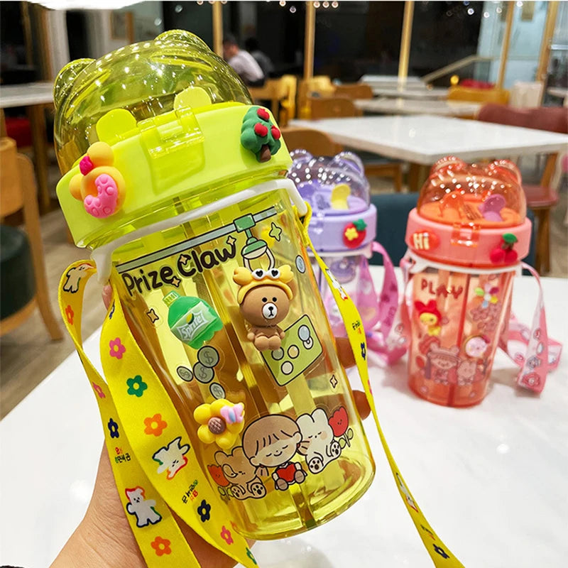 420ml Cute Children Water Bottle Drinking Water Bottle with Straw Portable Bottle Student Couple Plastic Cup Gift School Kids