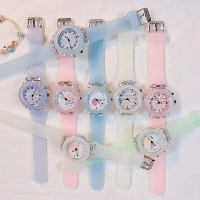 Girls Kids Children Luminous Student Colorful LED Light Women Lady Clock Silica Gel Watermelon Quartz Wrist Watch