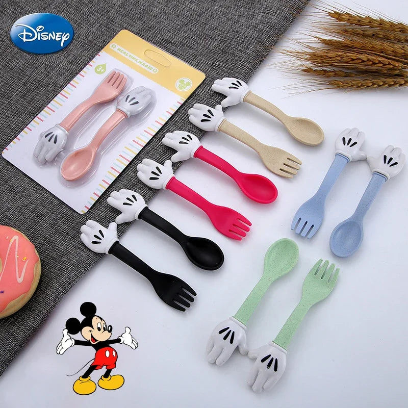 Disney Mickey Mouse Wheat Straw Fork Spoon Tableware Kids Cartoon Cute Lunch Dinnerware Set Fruit Fork Dessert Coffee Spoon Kit